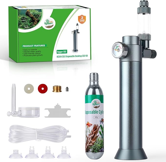Complete Aquarium CO2 System, Desktop CO2 Regulator with 45g Disposable CO2 Cartridge, Compatible with 5/8" and 3/8" Threaded for Nano Aquariums