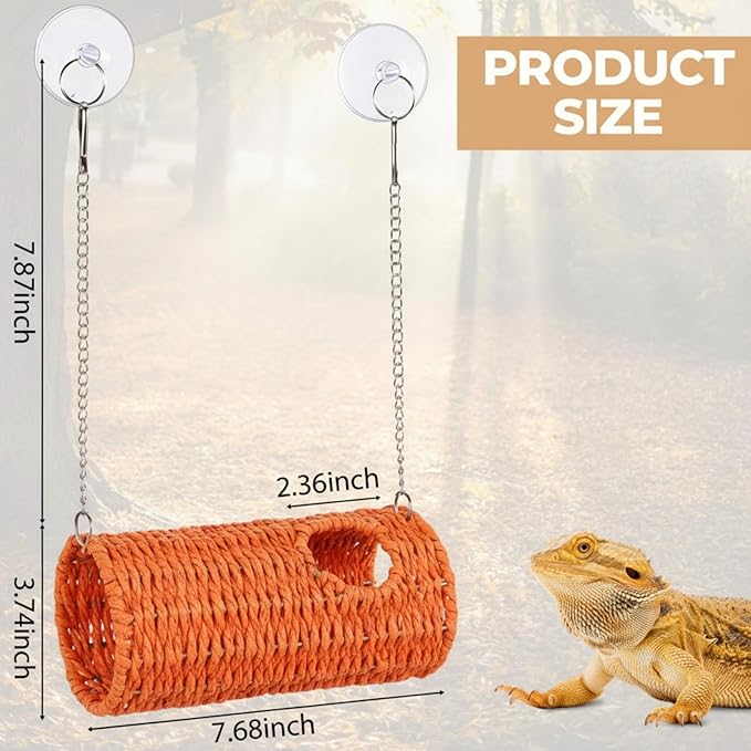 CroBlissful Reptile Hide Cave Hollow Cave Hideout with 2 Pcs Suction Cup and Chain Gecko Hide Reptile Tank Decor Seagrass Fiber Climbing Toy for Lizard Snake Hermit Crab (Long Cylindrical,Orange)