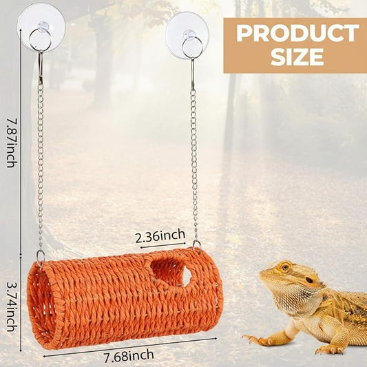 CroBlissful Reptile Hide Cave Hollow Cave Hideout with 2 Pcs Suction Cup and Chain Gecko Hide Reptile Tank Decor Seagrass Fiber Climbing Toy for Lizard Snake Hermit Crab (Long Cylindrical,Orange)