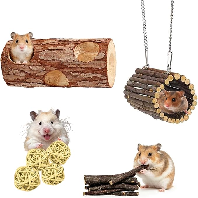 Natural Wooden Hamster Tunnels & Hideouts – Chew-Safe Birch Trunk Tubes for Dwarf Hamsters, Gerbils, Mice – Cage Accessories, Exercise Toy, Forest-Themed Small Pet Habitat (4pcs)