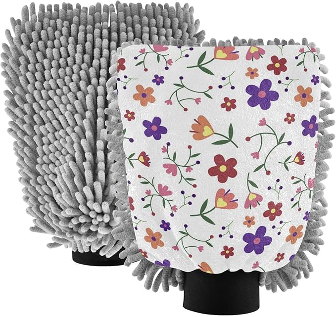 Car Wash Mitt Microfiber Wash Mitts for Car Washing Scratch-Free Cleaning Gloves Soft Non Absorbent Chenille Auto Hand Mitt Medium 2Pack Wildflower