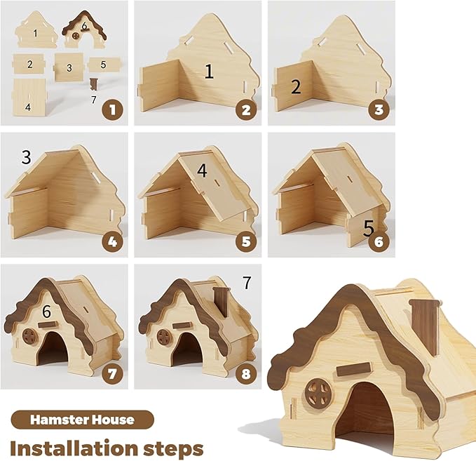 Wooden Hamster Platform and Dwarf Hamster House,Cute Syrian Hamster Tiny House Hideout,Large Balcony Lookout Holes,for Dwarf Gerbils and Mouse Mice Rat Other Small Animals(A)