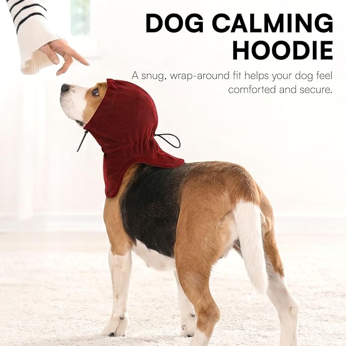 Dog Calming Hoodie - No Shake Ear Wraps for Dogs, Anxiety Relief & Noise Protection, Pet Ear Cover for Thunderstorms, Firework, Grooming, Force Drying, Burgundy L
