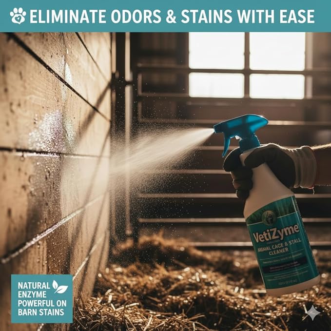 VetiZyme Animal Cage & Stall Cleaner – Natural Enzyme Cleaner & Odor Eliminator – Sanitizes, Disinfects & Remove Germs, Bacteria, Mold & Mildew – Non Toxic, Safe for Pets, Livestock & Facilities