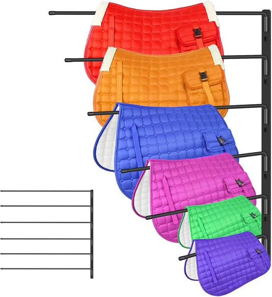 Heavy Duty Saddle Pad Rack, 180° Swing-Out Horse Blanket Holder with 6 Extra-Long Arms, Wall Mounted Tack Storage for Stable & Garage