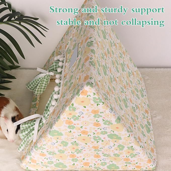 Hamster Hideout Tent with Curtain,Bunny Hideout, Machine Washable Guinea Pig Hide Tent Houses & Habitats, Triangular Hideout Shelter Small Animal Bed,Ferret, Rat, Chinchilla, Squirrel（Green）