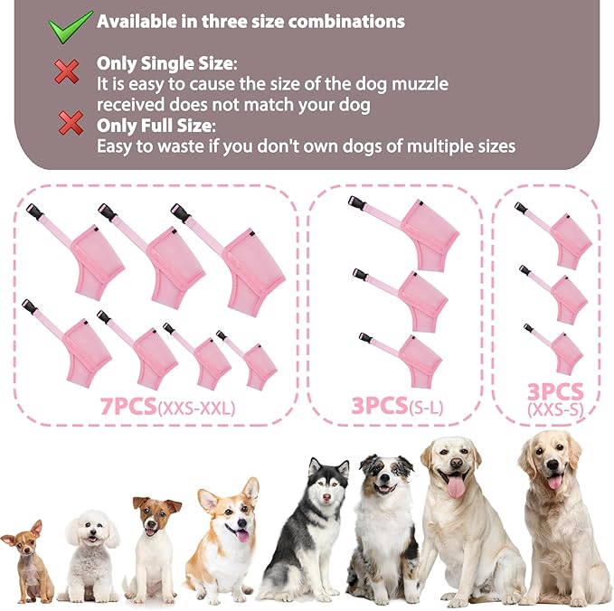 Dog Muzzle Suits for Small Medium Large Dogs, Mesh Muzzle Anti Biting Chewing, Breathable Mouth Cover Set with Adjustable Strap for Grooming Vet Visiting Training (3 PCS(S-L), Pink)
