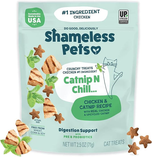 Shameless Pets Crunchy Cat Snacks & Treats – Healthy Cat Treats for Indoor Cats & Kittens with Catnip, Real Chicken & Digestive Support, Catnip N Chill (2.5 oz)
