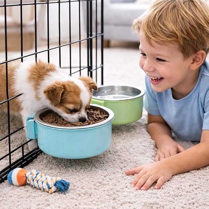 HERCOCCI 4Pcs Dog Crate Bowls, Hanging Removable Stainless Steel Food and Water Bowls for Puppies, Small Dogs, Cats, Rabbits & Ferrets (Blue, Green, Red, Grey)