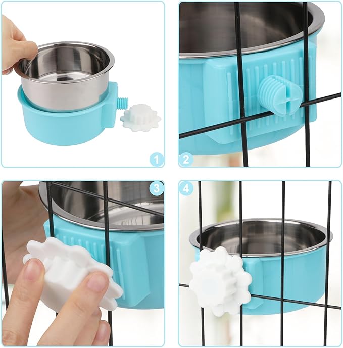 Hypeety Dog Crate Water Bowl No Spill - Hanging Attachable Pet Bowls for Kennel Durable Stainless Steel Food Water Dishes for Small Dogs Cats Rabbits Parrots with Non-Slip Base (Bule)