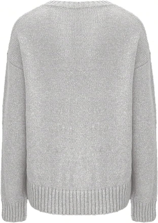 WDIRARA Women's Cat Graphic Sweater Long Sleeve Crew Neck Knit Tops Casual Knitwear