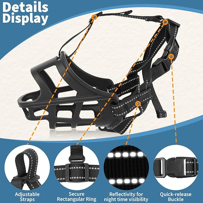 BARKLESS Dog Basket Muzzle for Medium & Large Dogs, Humane Cage Muzzle Prevent Biting Scavenging, Breathable Open Front Mouth Cover with Reflective Strap for Training, Walking Vet Visits (Black, L)