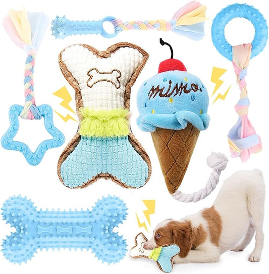 BAEJMJK 6 Pack Puppy Teething Toys Blue Small Breed Dog Chew Toys with Rope Cute Plush Squeaky Dog Toys Soft Rubber Puppy Toys Set for Cleaning Teeth Interactive Pet Doggy Bone Toys