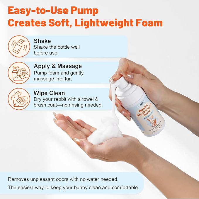 Waterless Rabbit Shampoo | Fragrance-Free & No Rinse Cleanser for Small Pets | Gentle for Sensitive Skin, Ideal for Ferrets, Guinea Pigs, Bunnies, Hamsters & Sugar Gliders, 3.38 fl oz (Fragrance Free)