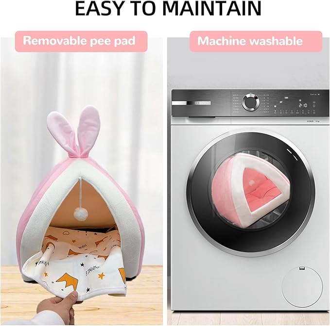 Guinea Pig Bed,Fleece Bunny Hideout House,Warm Rabbit Sleeping Bed with Pee Pad,Winter Large Hiding Hut for Hamster Ferret Rat Chinchilla Hedgehogs,Pink