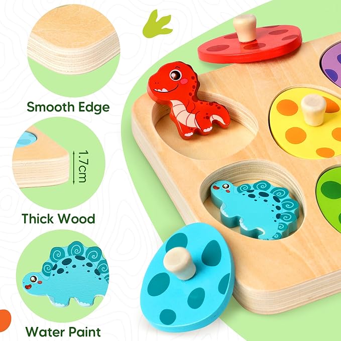 TOHIBEE Wooden Puzzles Montessori Toys for Toddlers 1-3, Dinosaur Eggs Peg Puzzles, Preschool Education Learning Toys for Boys and Girls, 6 Brightly Color Cute Dinosaur Shapes