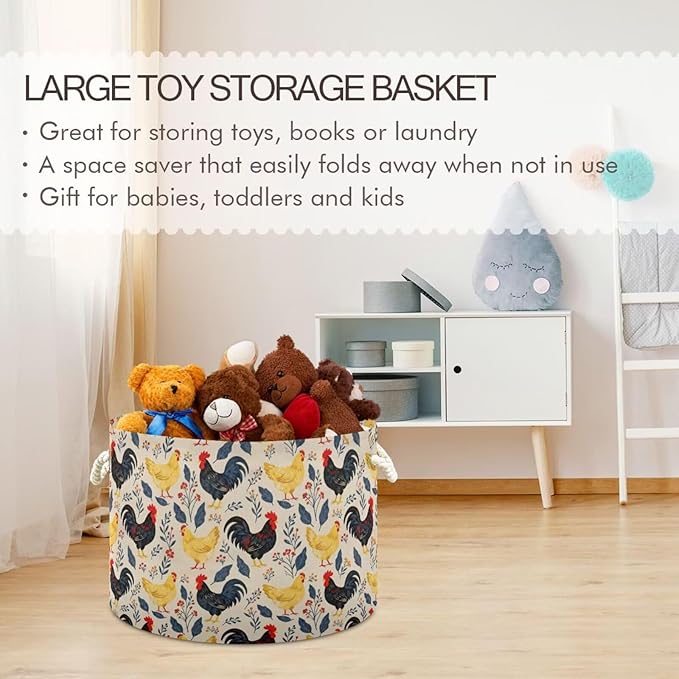 Chicken Rooster Print Round Storage Basket Hen Flower Large Laundry Hamper 20 x 20 x 14 Inches Organizer Bin with Cotton Rope Handles Clothes Storage Bag for Nursery Bedroom Living Room Decor