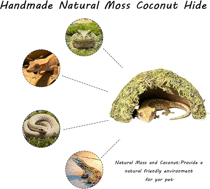 Reptile Hide Coconut Leopard Gecko Hide Humid Crested Gecko Tank Accessories Natural Moss Snake Hideouts for Ball Python, Bearded Dragon,Tortoise,Frog
