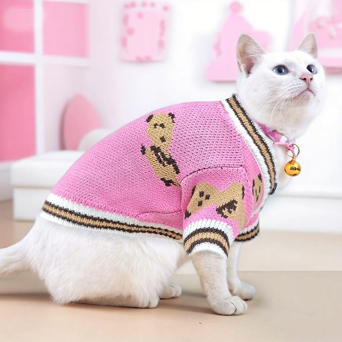 ABRRLO Small Dog Sweaters Cute Bear Dog Cardigans Clothes for Small Medium Dogs Boy Girl Puppy Cat Knitting Cardigan Outfits Dogs Winter Coats Warm Pet Doggy Clothes Soft Knitwear (Pink, Small)