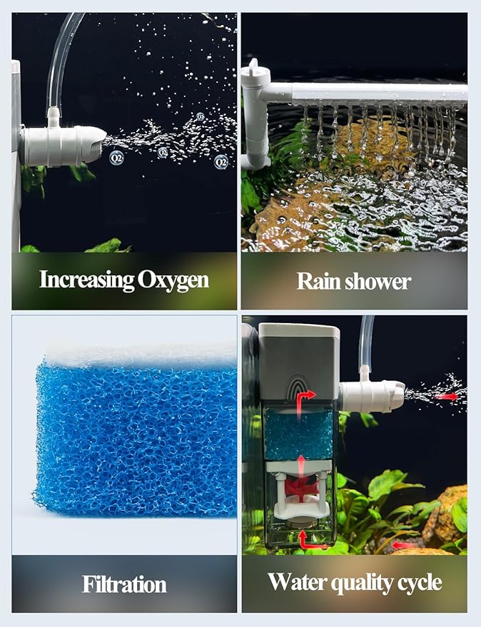 UPETTOOLS Aquarium Internal Filter, 4 in 1 Small Fish Tank Filters Pump Sponge Filter Ultra Silent Adjustable Submersible Power Filter with Multiple Function for Fish Tanks 5-10 Gallon