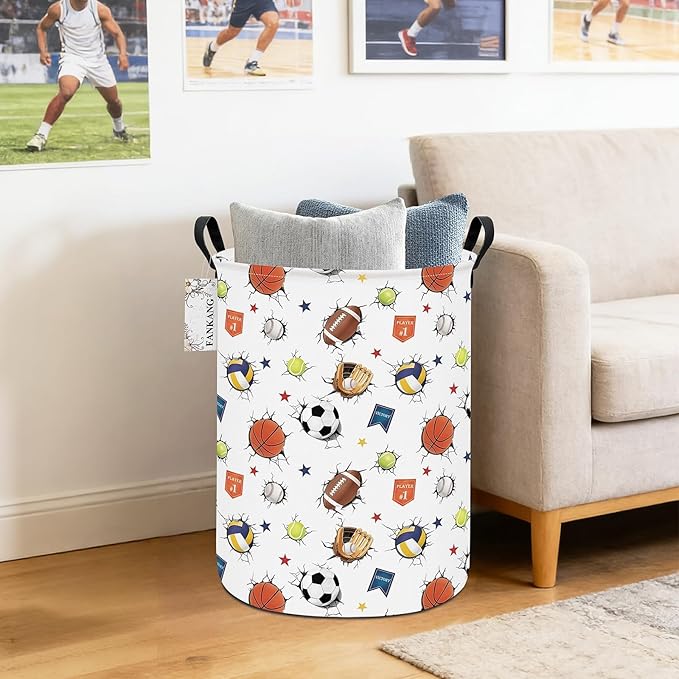 Storage Basket, Nursery Hamper Canvas Laundry Basket Foldable with Waterproof PE Coating Large Storage Baskets for Kids Boys and Girls, Office, Bedroom, Clothes,Toys(3D Sports Balls)