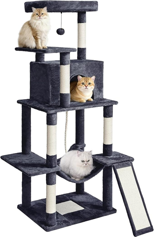 ABCPET Cat Tree Tower 63in Multi-Level Cat Tower for Indoor Cats with Sisal Scratching Posts, Condo, Hammock, Dangling Ball and Extended Platform for Cats to Play, Grey