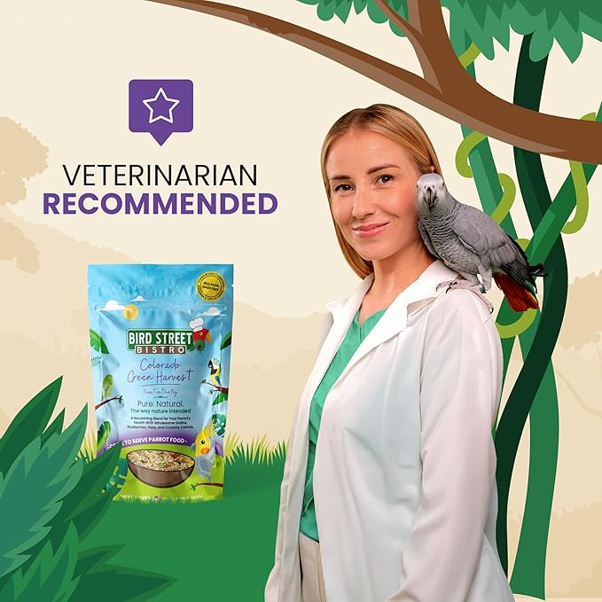 Bird Street Bistro Parrot Food for Parakeets & Cockatiels - Colorado Green Harvest - 18 oz - Cooks in 3-15 min, Natural Grains, Fruits & Vegetables - USA Made
