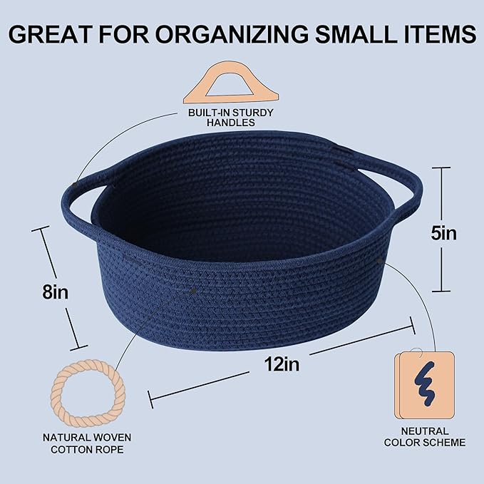 Small Woven Gift Basket, Baskets for Gifts Empty, Cotton Rope Cat Dog Toy Bin Box, Nursery Baby Basket, Wicker Basket with Handles, Shelf Storage Basket for Home Decor, Blue, 12"x 8"x 5"