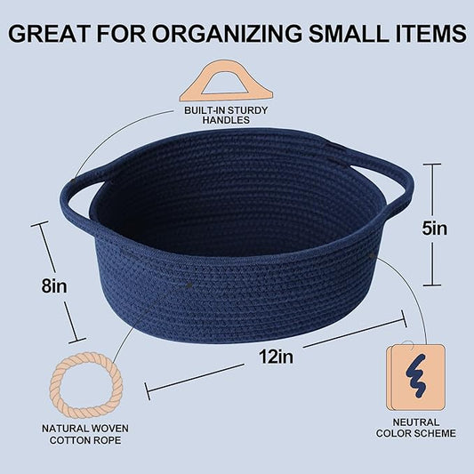 Small Woven Gift Basket, Baskets for Gifts Empty, Cotton Rope Cat Dog Toy Bin Box, Nursery Baby Basket, Wicker Basket with Handles, Shelf Storage Basket for Home Decor, Blue, 12"x 8"x 5"