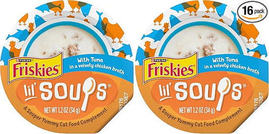 Friskies Purina Natural,Grain Free Lickable Cat Treats Lil’ Soups with Tuna in Chicken Broth - 1.2 oz. Cups,(Pack of 16)