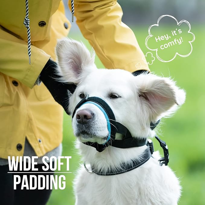 Gentle Muzzle Guard for Dogs - Prevents Biting and Unwanted Chewing Safely – New Secure Comfort Fit - Soft Neoprene Padding – No More Chafing – Training Guide Helps Build Bonds with Pet (XL, Blue)