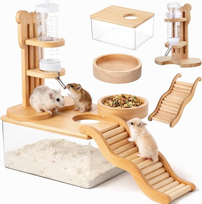 4 Pcs Hamster Cage Accessories Acrylic Sand Bath Box Feeding Bowl Water Bottle Set Hamster Climbing Toy Wooden Ladder Bridge Set for Rat Mice Small Animals Habitat(Rectangle)