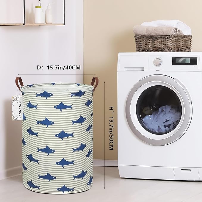 Storage Basket, Nursery Hamper Canvas Laundry Basket Foldable with Waterproof PE Coating Large Storage Baskets for Kids Boys and Girls, Office, Bedroom, Clothes,Toys（Shark）