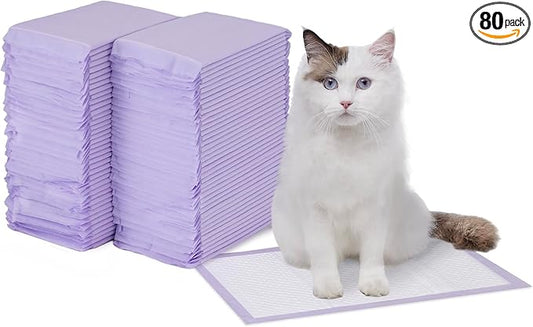 Amazon Basics Cat Pee Pads, Odor Control, Super Absorbent, Disposable, Universal Fit for Litter Box, Fresh Scent, Multi Cat, White/Purple, 80 Count