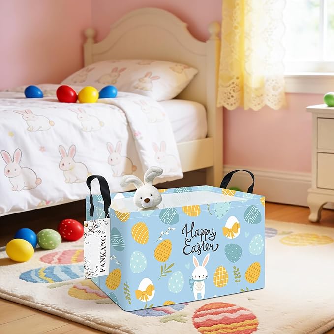 Storage Bins,Nursery Hamper Canvas Laundry Basket Foldable with Waterproof PE Coating Storage Baskets for Boys and Girls, Office, Bedroom, Clothes,Toys(Rec-Easter eggs ）