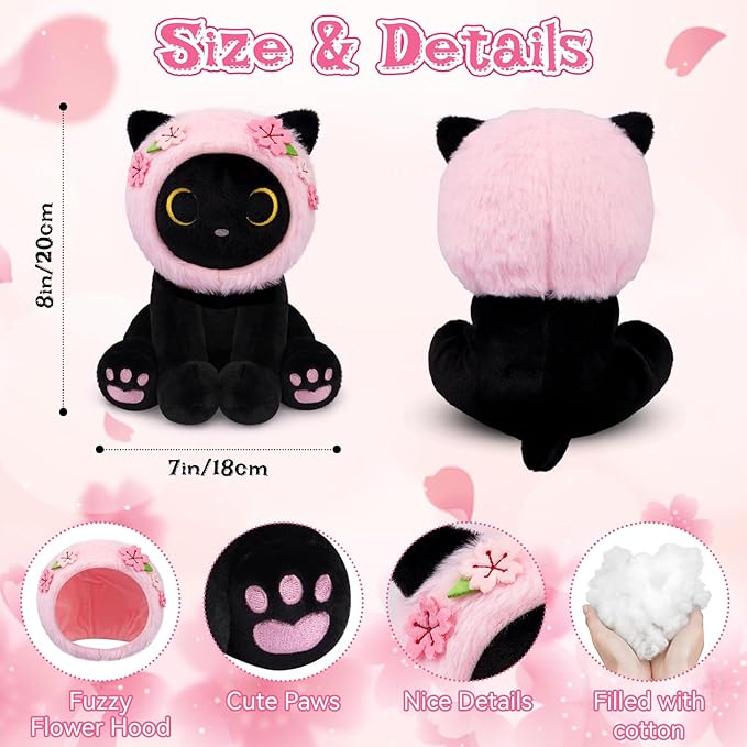 Black Cat Plush with Removable Sakura Flower Hood - 8" Cute Stuffed Animal for Spring, Soft Kawaii Cat Plushie, Flower & Cherry Blossom Gift for Girls & Moms