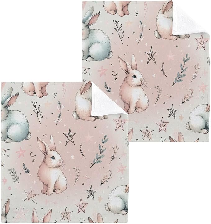 Qilmy Cute Rabbit Washcloths 2 Pack, 12x12 Inch Cotton Wash Cloths - Highly Absorbent Face Towels for Bathroom, Washing, Gym, and Spa