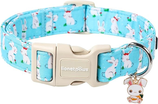 Lionet Paws Easter Dog Collar, Comfortable Adjustable Blue Rabbit Collar with Bunny Rabbit for Large Male Female Dogs Collars,Neck 16-24 inches