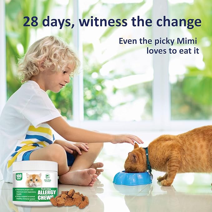 Cat Allergy Relief Chews for Seasonal Allergies - Itchy Skin, Sneezing & Paw Licking Remedy with Colostrum, Probiotics 300M CFU & Omega 3, Salmon Flavor Soft Chews, 100 Count