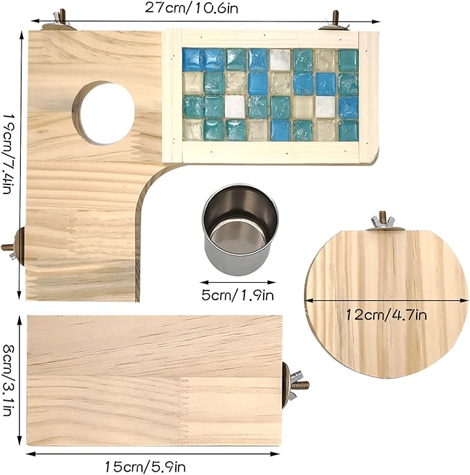BNOSDM Wooden Hamster Cage Platform Set Wood Chinchilla Ledges and Platforms Rectangle L-Shaped Round Cage Accessories with Cooling Standing Board&Food Cup for Mouse Squirrel Gerbil Guinea Pig