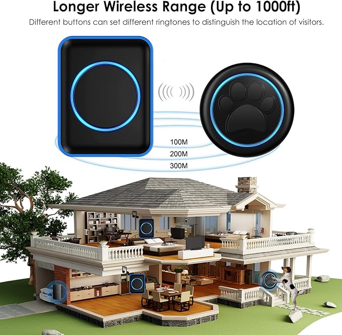 Full House Dog Doorbell for Potty Training, Wireless Pet Doggie Door Bell Training to Go Outside, Waterproof Touch Button, Over 1000 feet Range (Black, 2 Buttons + 1 Receiver)