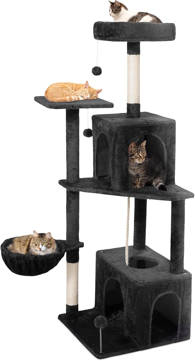 54-Inch Cat Tree Tower with 2 Caves & 2 Pompoms - Multi-Level Tower for Indoor Cats, Soft Plush Condo with Scratching Posts - Sturdy Base for Large Cats(Black)