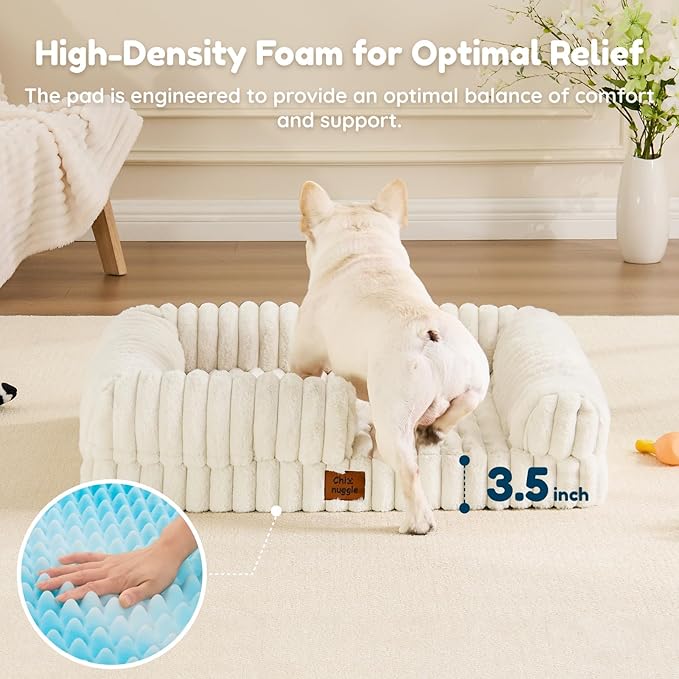 ChiXnuggle Orthopedic Dog Bed with Bolster Sides for Sleeping, Fluffy Plush Rectangular Dog Bed Medium Sized Dog, Luxury Striped Faux Fur Waterproof Dog Couch with Removable Washable Cover, Cream