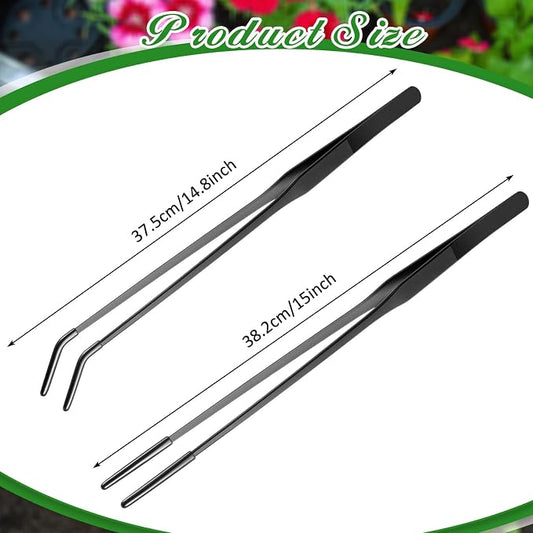 Lasnten 2 Pcs Extra Long Stainless Steel Reptile Feeding Tongs with Rubber Tip 15 Inch Bearded Dragon Aquarium Straight and Curved Long Tweezer Terrarium Feeder Tool for Tank(Black)