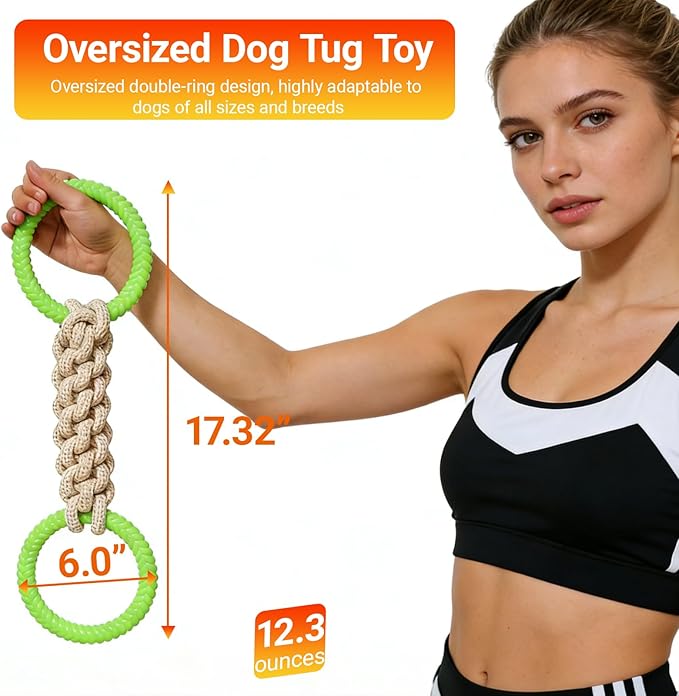 Tug of War Dog Toy - Rubber & Cotton Rope Toys for Dogs, Large Double Ring Dog Tug Toy, Interactive Dog Toys for Small Medium Large Dogs