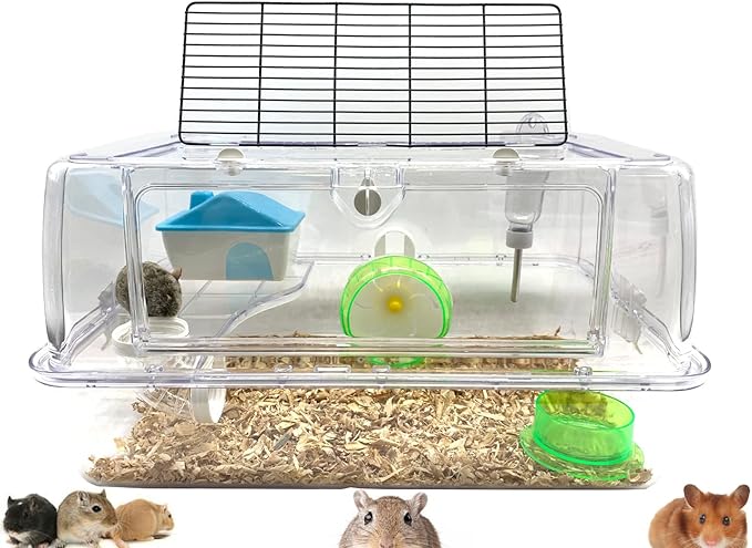 2-Tiers Acrylic Clear Easy Setup Hamster Mouse Deluxe Palace House Habitat with Large Running Wheel Water Bottle Tower Food Bowl Hide House Deep Base Ground Expansion Outlet