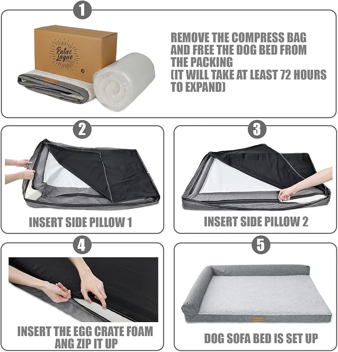 Patas Lague Orthopedic Dog Bed Medium Size Dog 30''X20'', Waterproof L Bolster Medium Pet Sofa Beds with Removable Washable Cover, Soft Pet Couch Crate Mat with Nonskid Bottom, Black