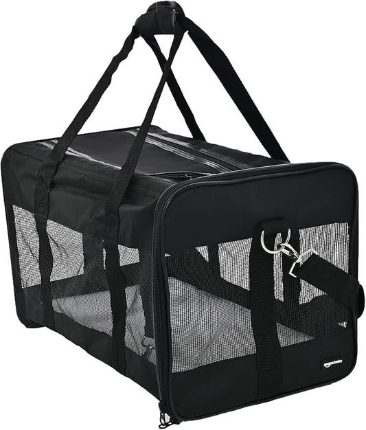 Amazon Basics Airline Approved Soft-Sided Mesh Pet Travel Carrier with Shoulder Strap, Removable Washable Fleece Pad, Top Opening, Ventilation for Dog, Cat, up to 22 pounds, 19.7Lx12Wx12H in., Black