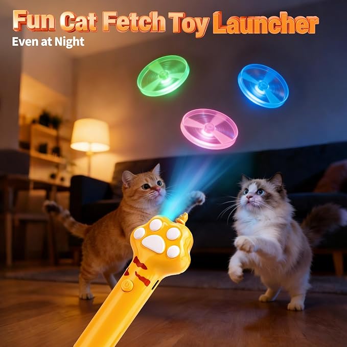 BABORUI Cat Toy Disc Launcher, Rechargeable Interactive Cat Fetch Toy Launcher with 8 Flying Discs, Flying Enrichment Toys for Indoor Bored Kittens & Adult Cats (Yellow+White)