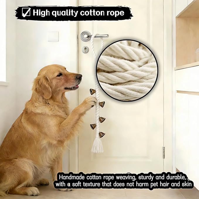 Dog Doorbell for Potty Training with 6 Extra Loud Bells - Handmade Cotton Rope Adjustable Hanging Pet Bell, Indoor/Outdoor Use for Small Medium Large Dogs (Beige/Bronze Tone)